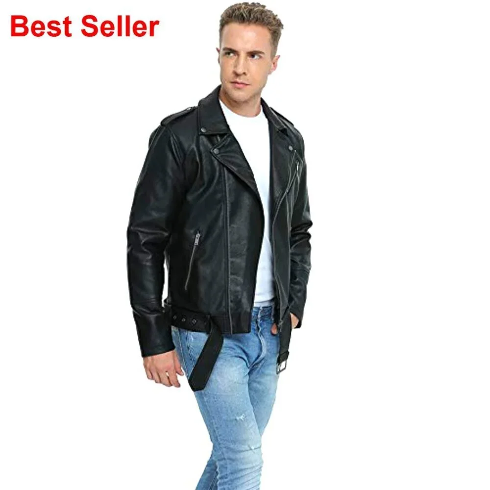 Faux Leather Bomber Jacket, Slim Fit Biker Coat with Belt